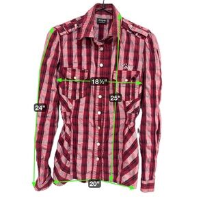 COOGI Womens Plaid Button Up Shirt Long Sleeve Red Black Gray Size M‎
